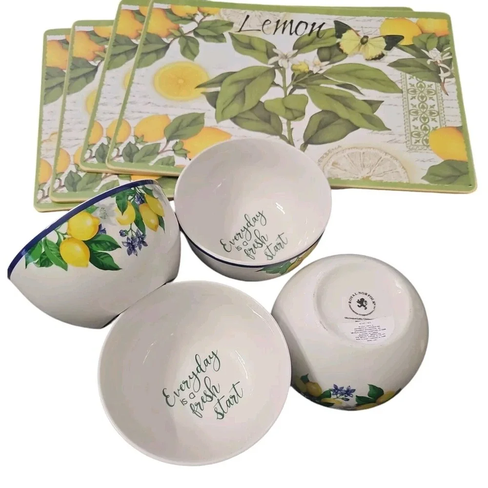 Royal Norfolk Lemon Floral Set 4 Cereal Bowls Plates & Lemon Print Placemats Set